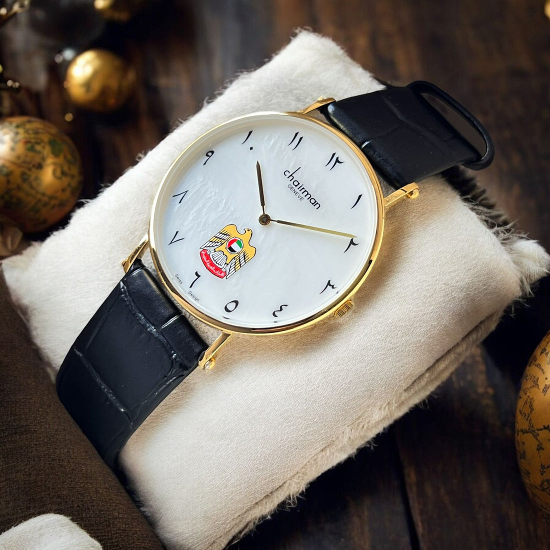 Chairman Geneve UAE Emblem Arabic White Dial Black Strap Gents Watch