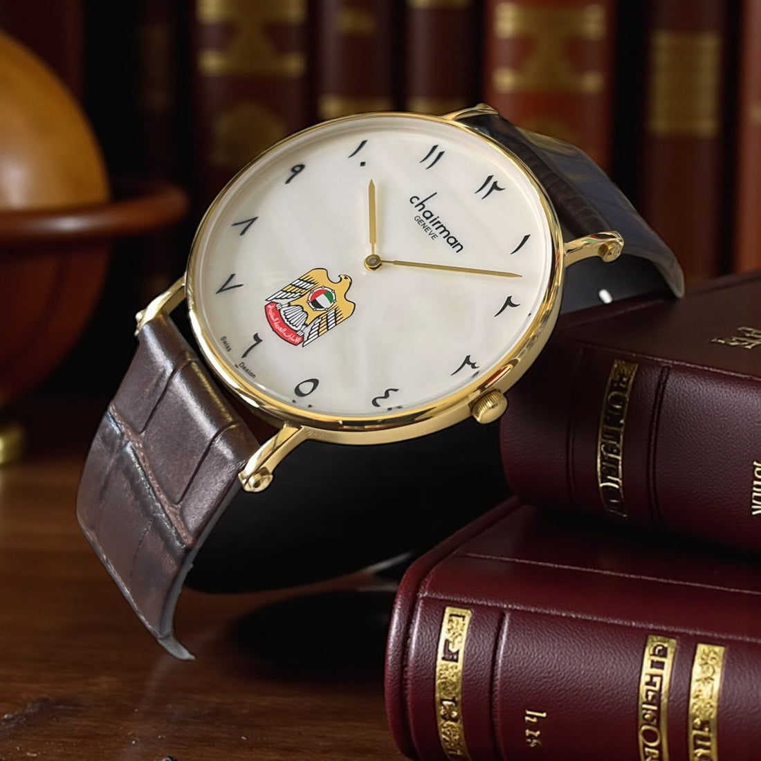 Chairman Geneve UAE Emblem Arabic White Dial Brown Strap Gents Watch