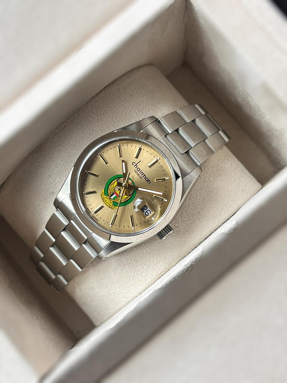Chairman Geneve UAE Emblem Dated Golden Dial Silver Chain Gents Watch