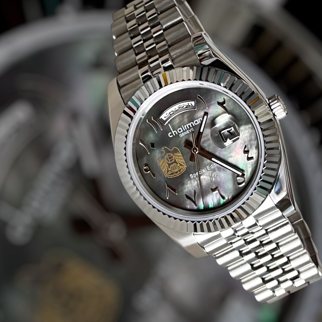 Chairman Geneve UAE Emblem Day And Dated Arabic Grey Dial Silver Chain Gents Watch