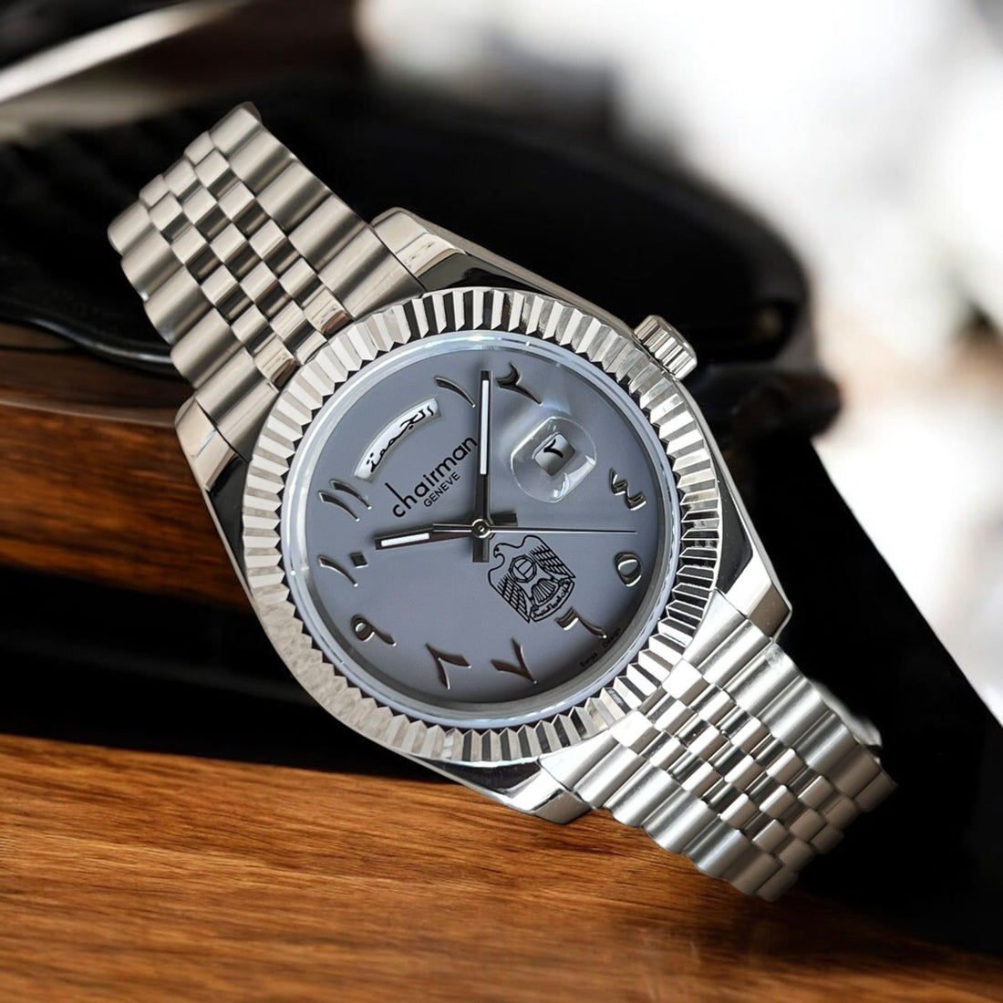 Chairman Geneve UAE Emblem Day And Dated Baby Grey Dial Silver Chain Gents Watch