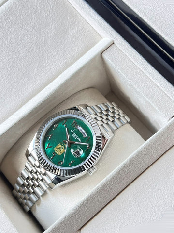 Chairman Geneve UAE Emblem Day And Dated Green Dial Silver Chain Gents Watch