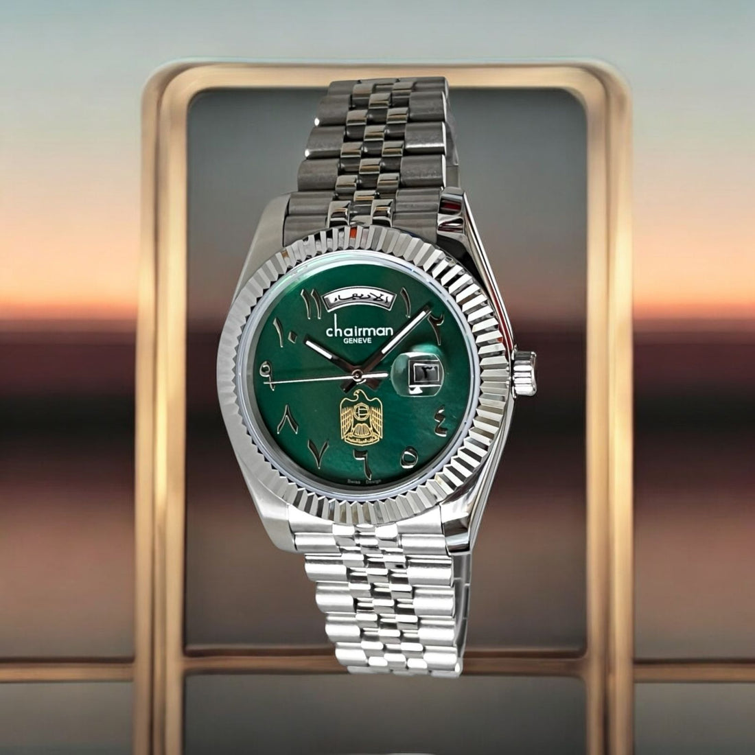 Chairman Geneve UAE Emblem Day And Dated Green Dial Silver Chain Gents Watch