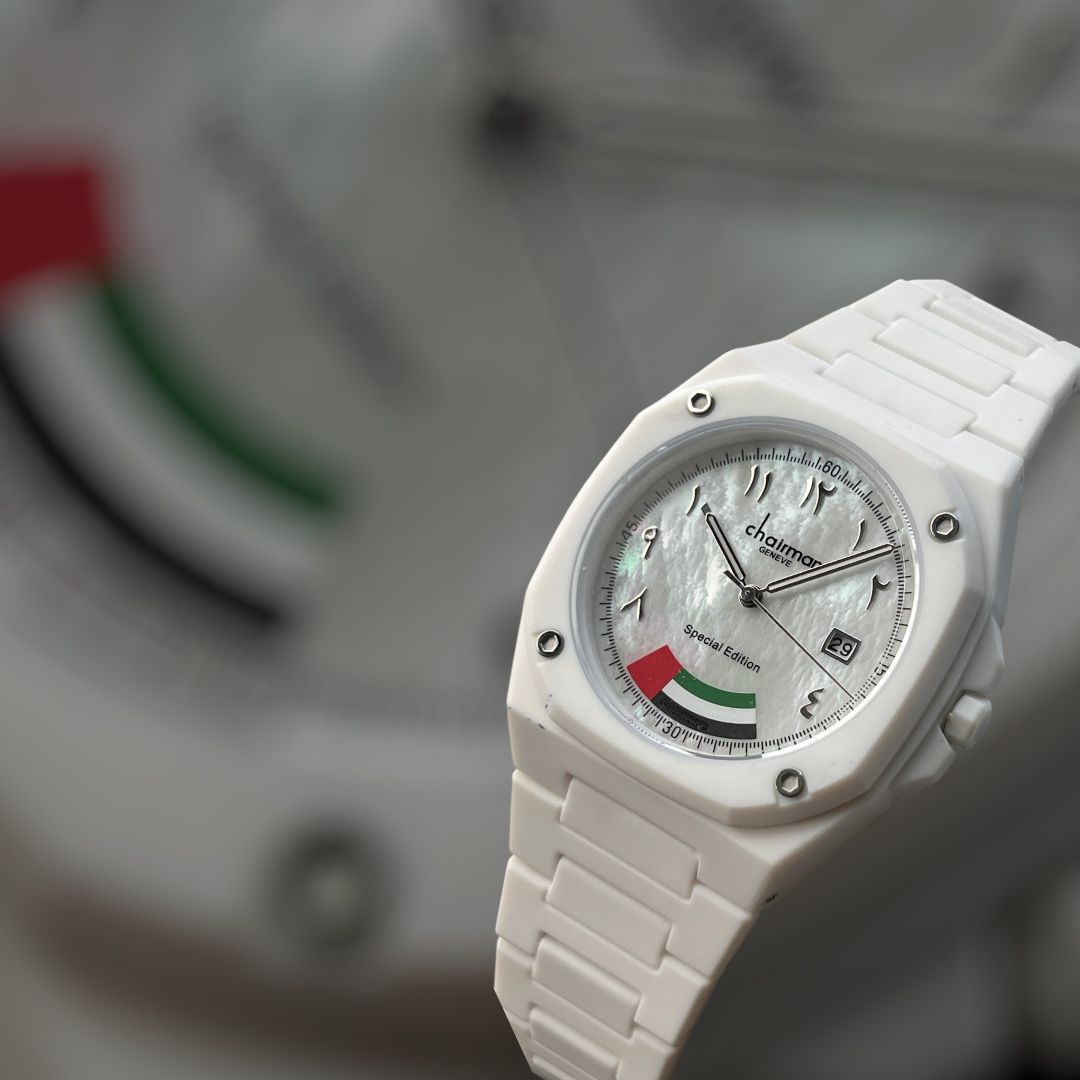 Chairman Geneve UAE Flag Arabic Dated Dial White Poly Carbon Gents Watch