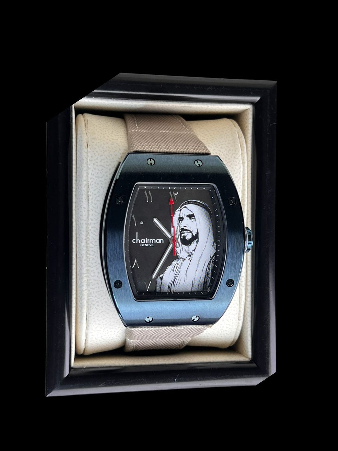 Chairman Geneve UAE Sheik Arabic Black Dial Beige Strap Gents Watch
