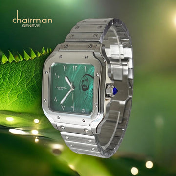Chairman Geneve UAE Sheik Arabic Green  Marble Dial Silver Chain Gents Watch