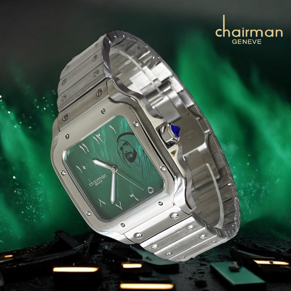 Chairman Geneve UAE Sheik Arabic Green  Marble Dial Silver Chain Gents Watch