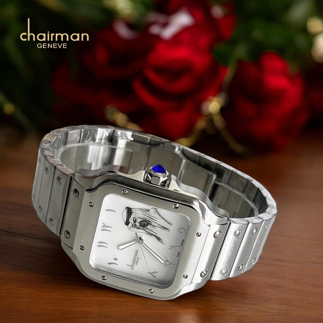 Chairman Geneve UAE Sheik Arabic White Dial Silver Chain Gents Watch