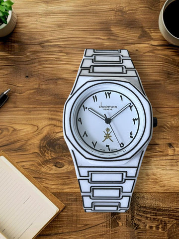 ساعة Chairman Geneve White Arabic مينا بيضاء بتصميم سويسري للرجال باللونين الأبيض والأسود