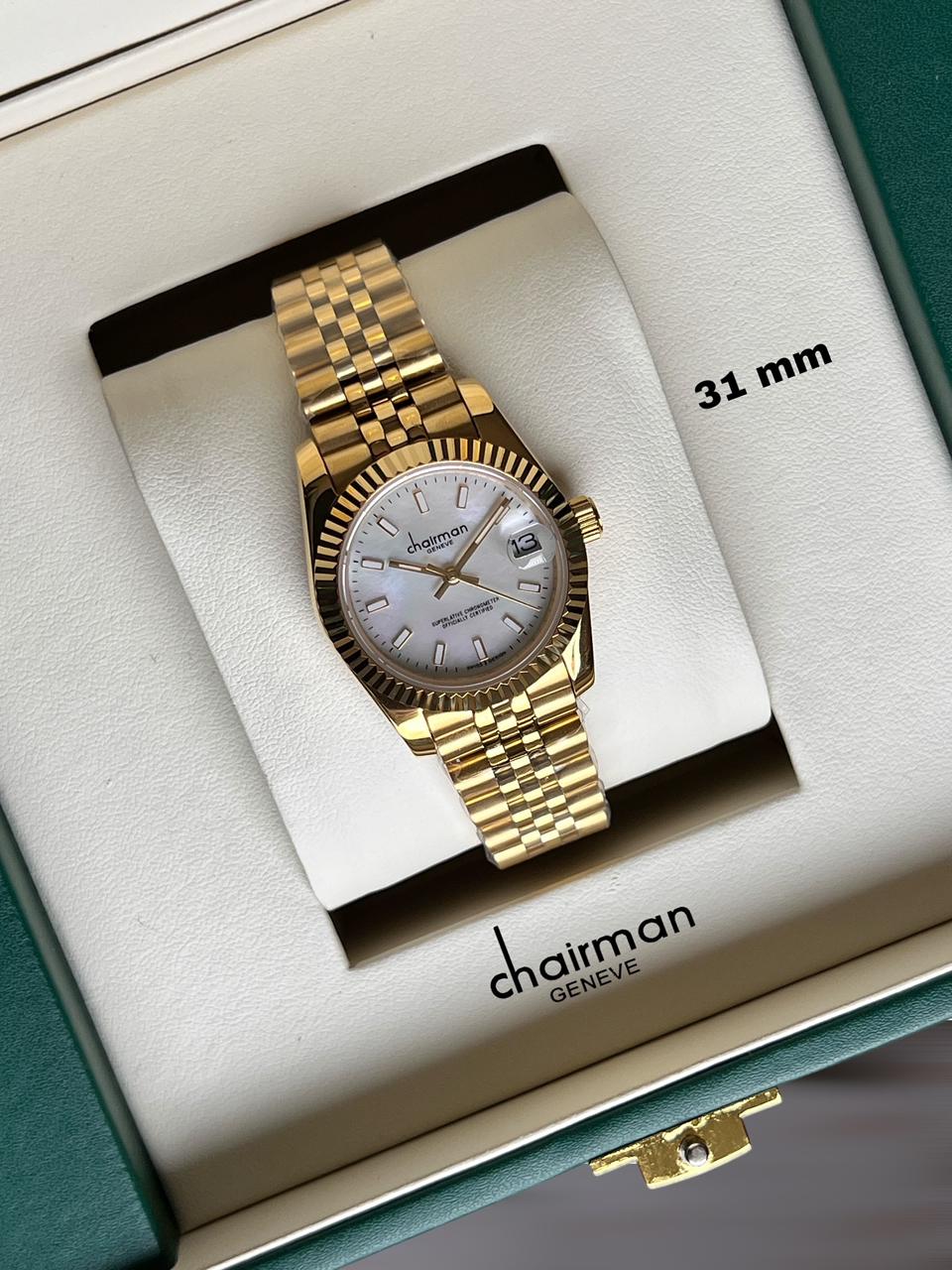 Chairman Geneve White Dated Dial Golden Chain Ladies Watch
