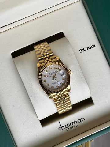 Chairman Geneve White Dated Stone Dial Golden Chain Ladies Watch