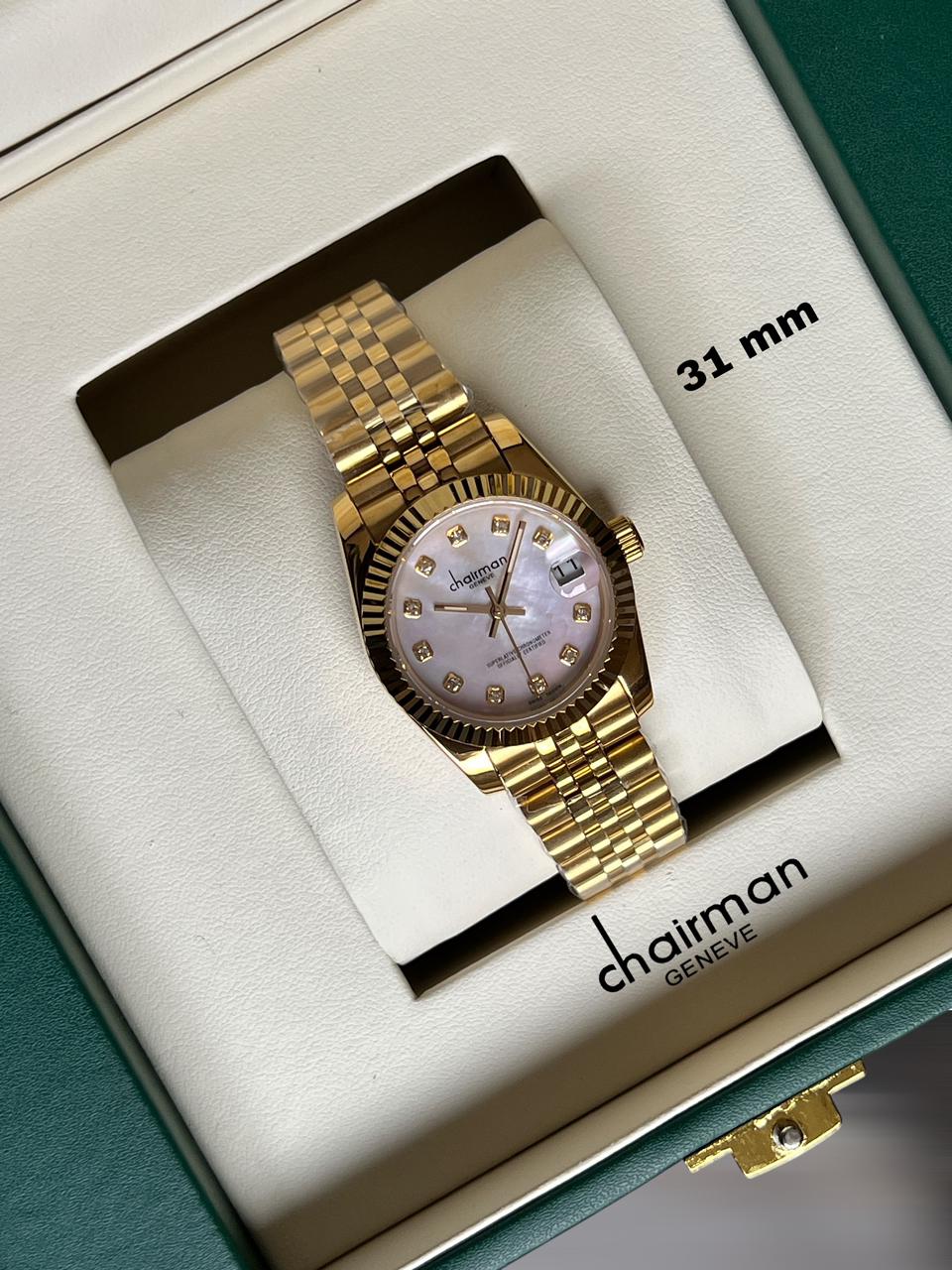 Chairman Geneve White Dated Stone Dial Golden Chain Ladies Watch