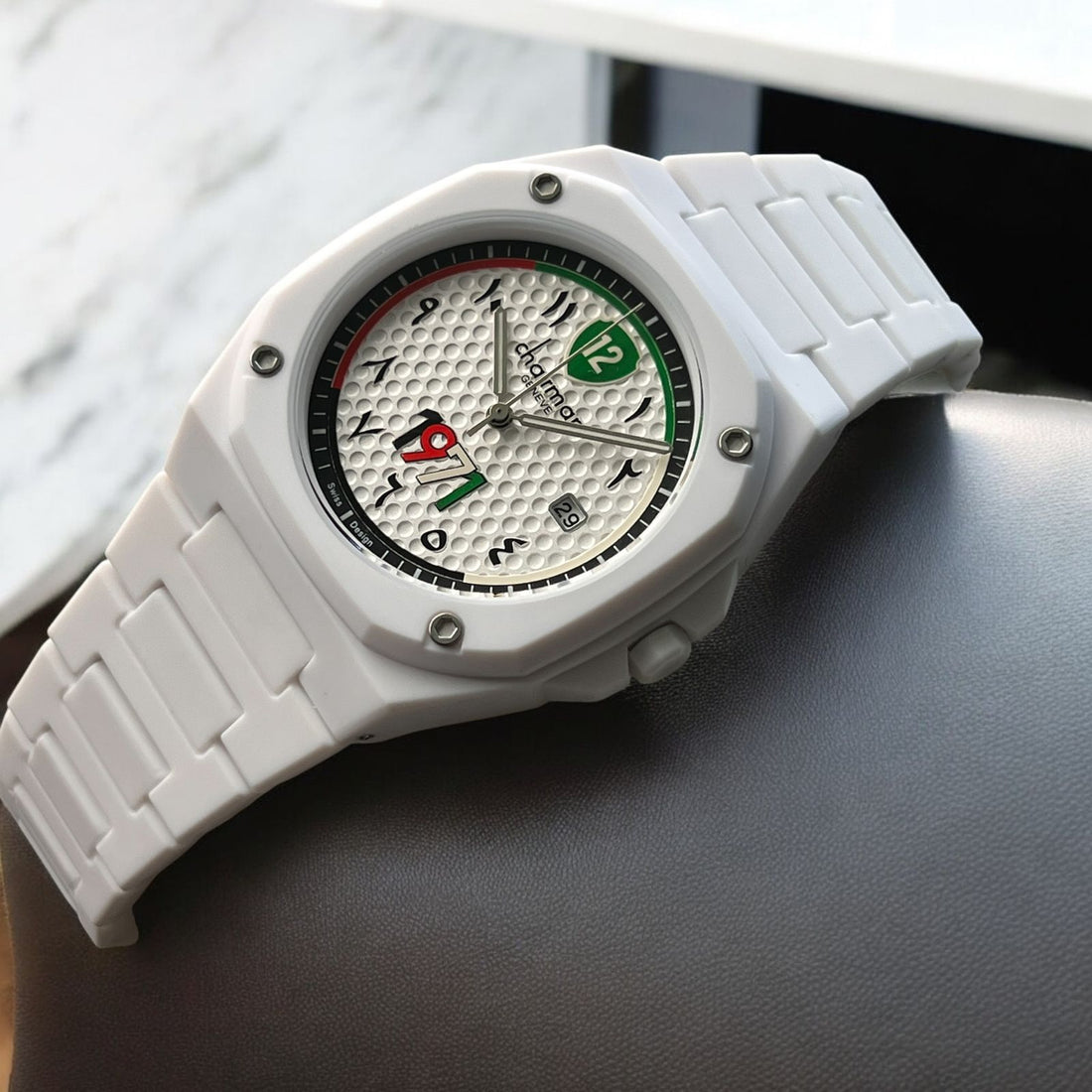 Chairman Geneve Year And Dated Arabic Bubble Dial White Poly Carbon Gents Watch