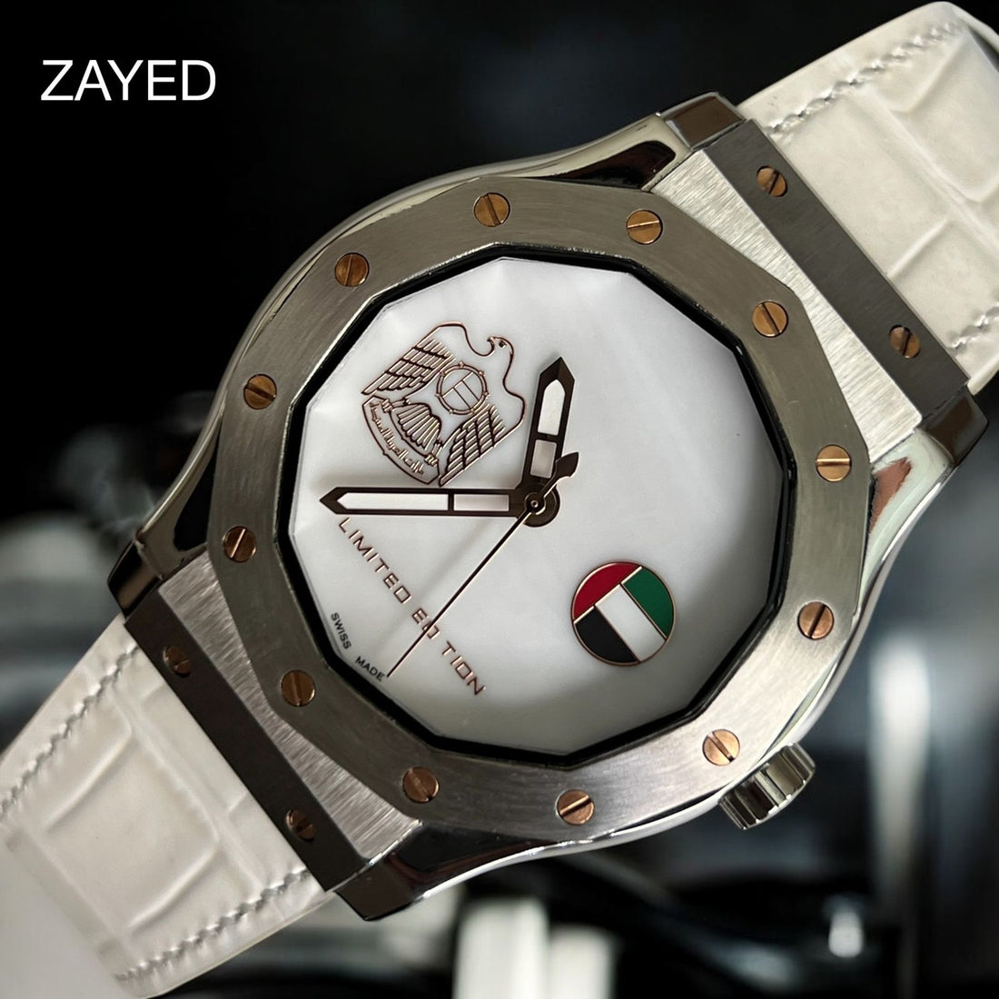 Limited Edition Zayed UAE Emblem Flag White Dial White Strap Gents Watch
