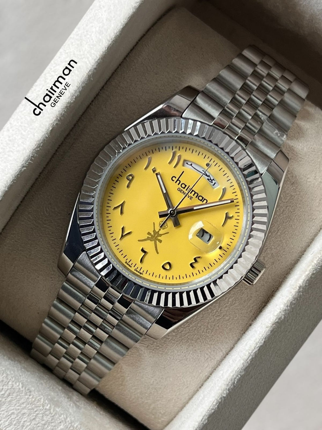 OMAN Emblem Chairman Geneve Day And Dated Arabic Yellow Dial Silver Chain Gents Watch