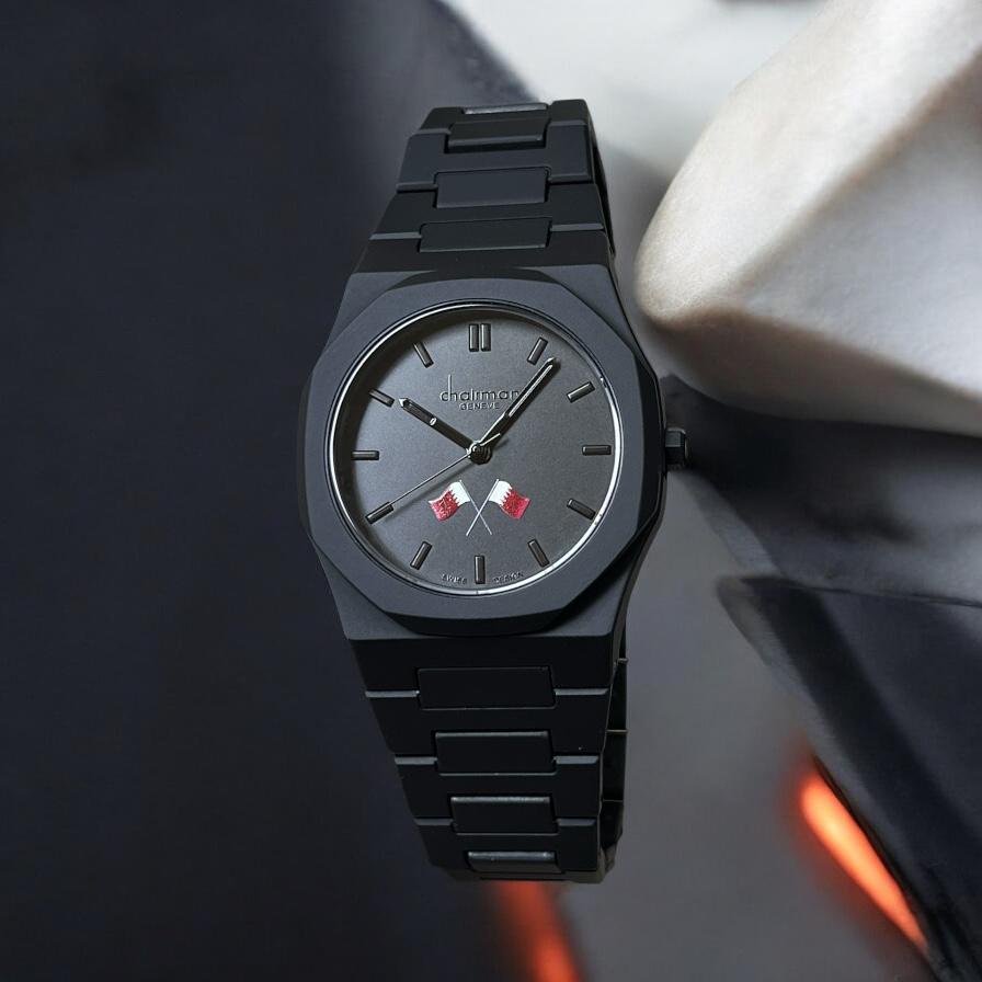 QATAR Flag Swiss Design Black Dial Chairman Geneve Gents Black Watch ...