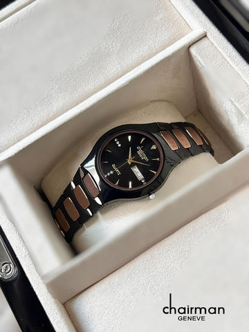 Quartz Ceramic Chairman Geneve Day And Dated Black Dial Black And Beige Chain Ladies Watch