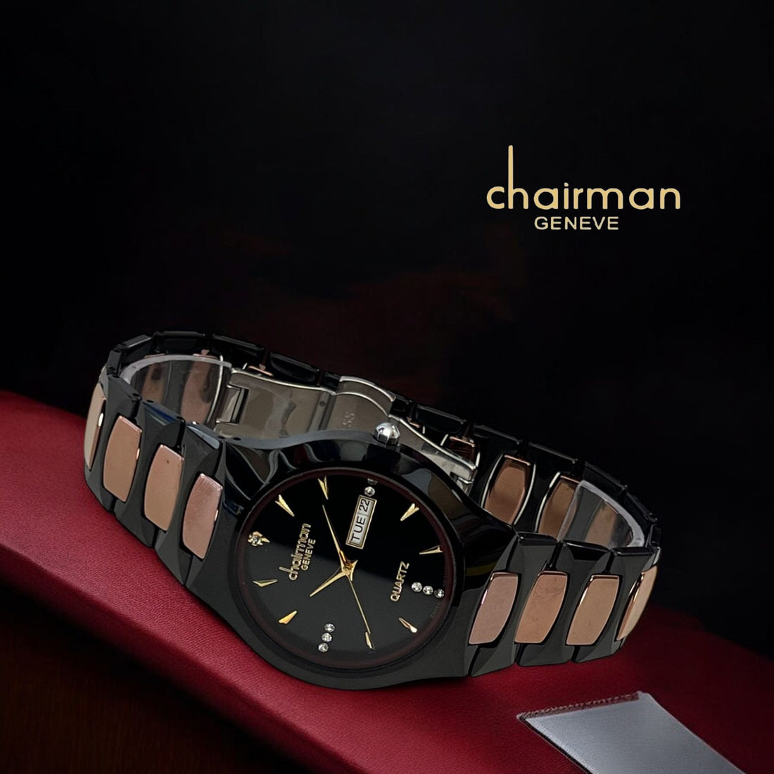 Quartz Ceramic Chairman Geneve Day And Dated Black Dial Black And Beige Chain Ladies Watch