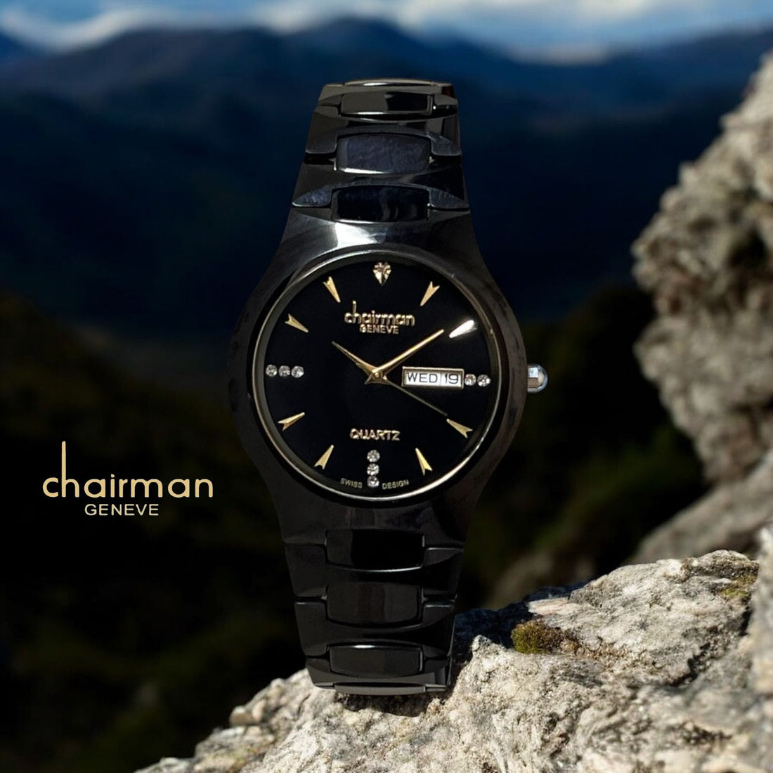 Quartz Ceramic Chairman Geneve Day And Dated Black Ladies Watch