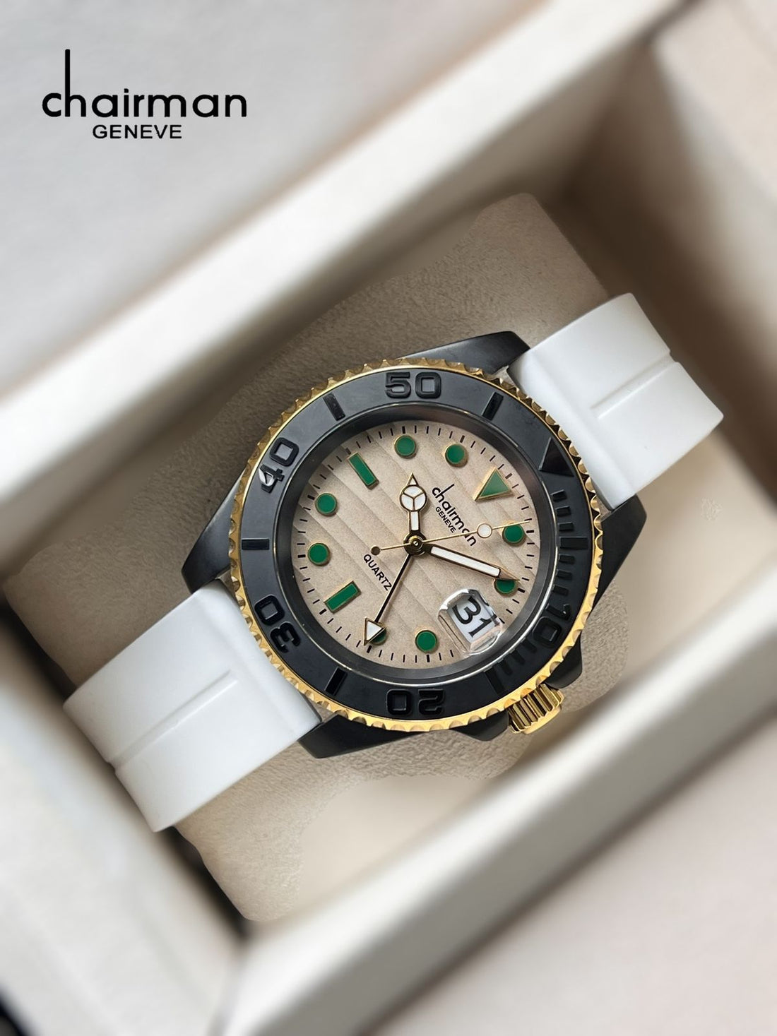 Quartz Chairman Geneve Dated Beige Dial White Strap Gents Watch