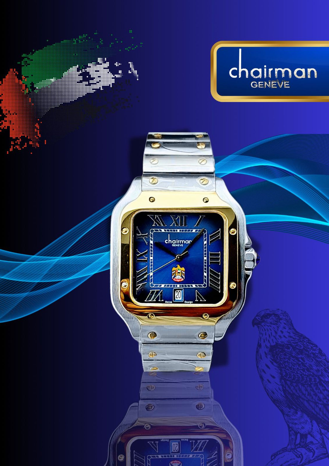 Rectangle Blue Dial Chairman Geneve Silver Gold Strap Watch Abu Dhabi Flag