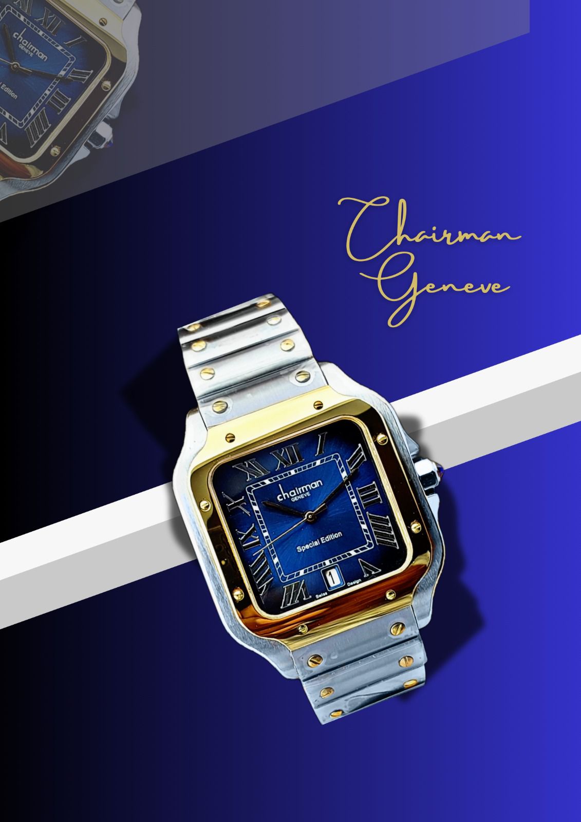 Rectangle Blue Dial Chairman Geneve Silver Gold Starp Watch