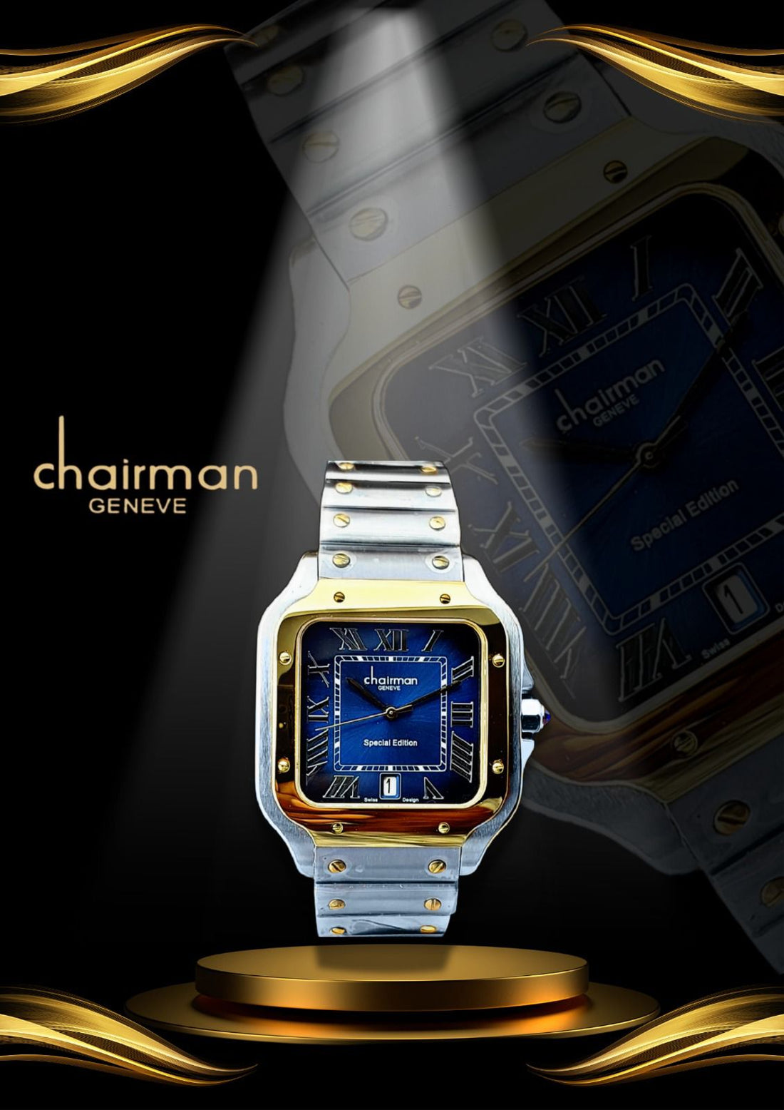 Rectangle Blue Dial Chairman Geneve Silver Gold Starp Watch