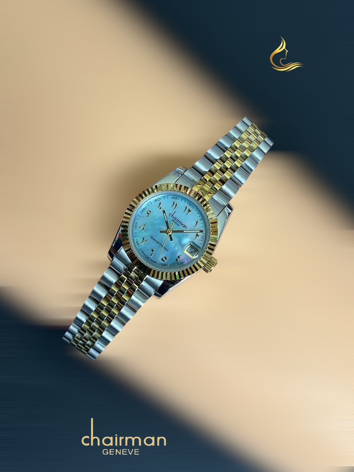 Sky Blue Arabic Dated Dial Silver And Gold Chairman Geneve Ladies Watch