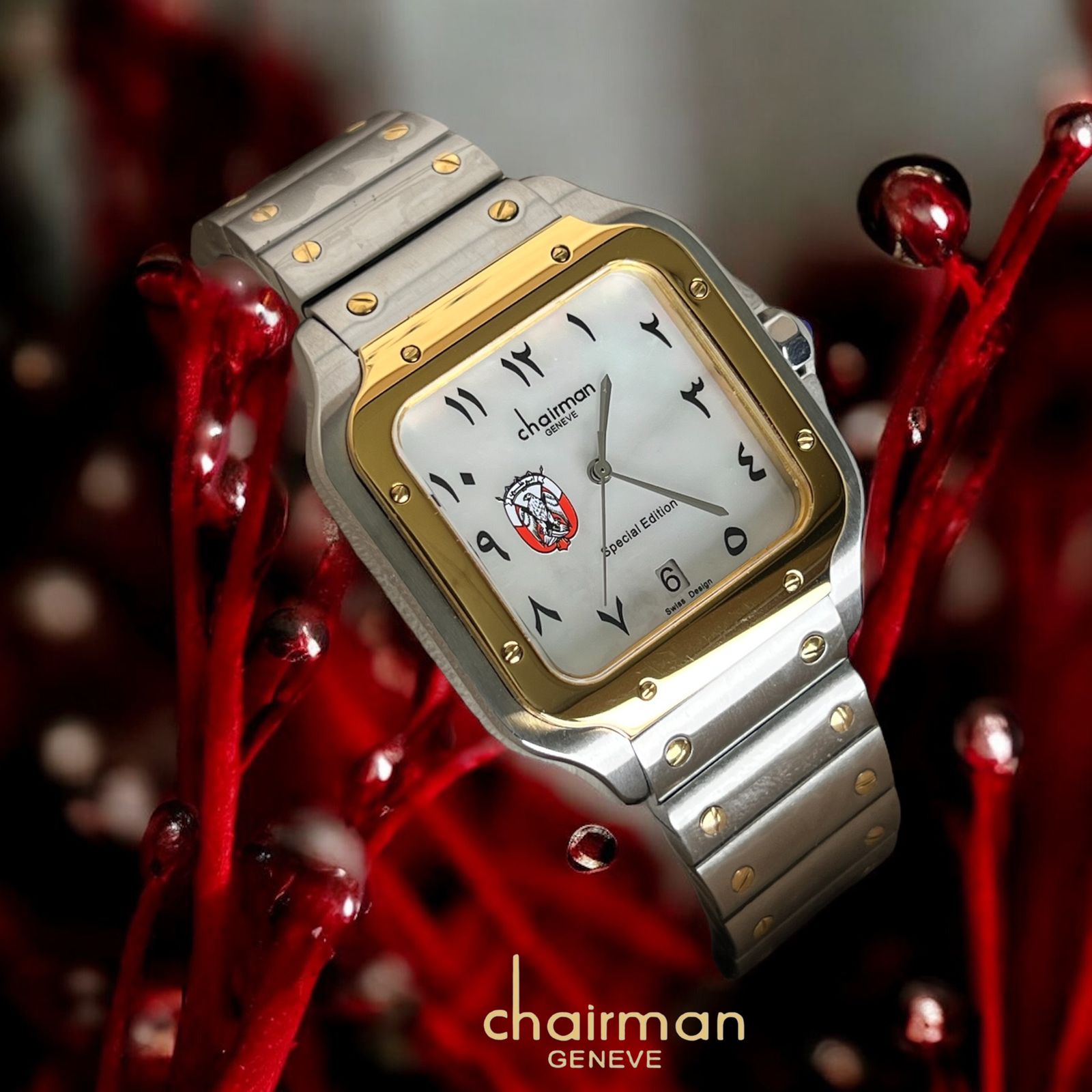 Special Edition Chairman Geneve ABU DHABI Emblem Arabic Dated White Dial Silver Gold Gents Watch