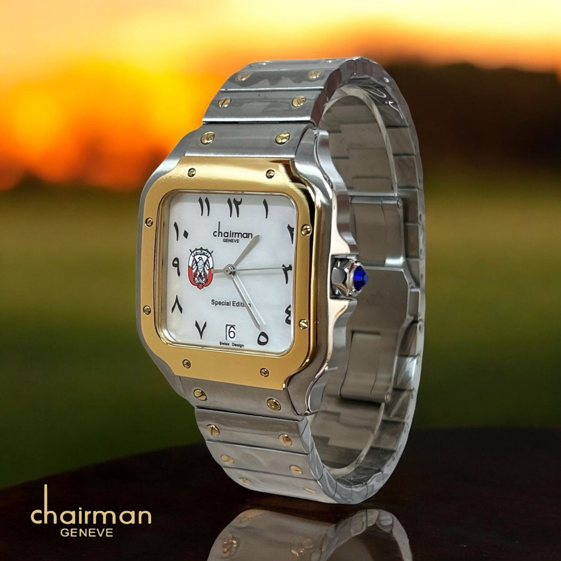 Special Edition Chairman Geneve ABU DHABI Emblem Arabic Dated White Dial Silver Gold Gents Watch