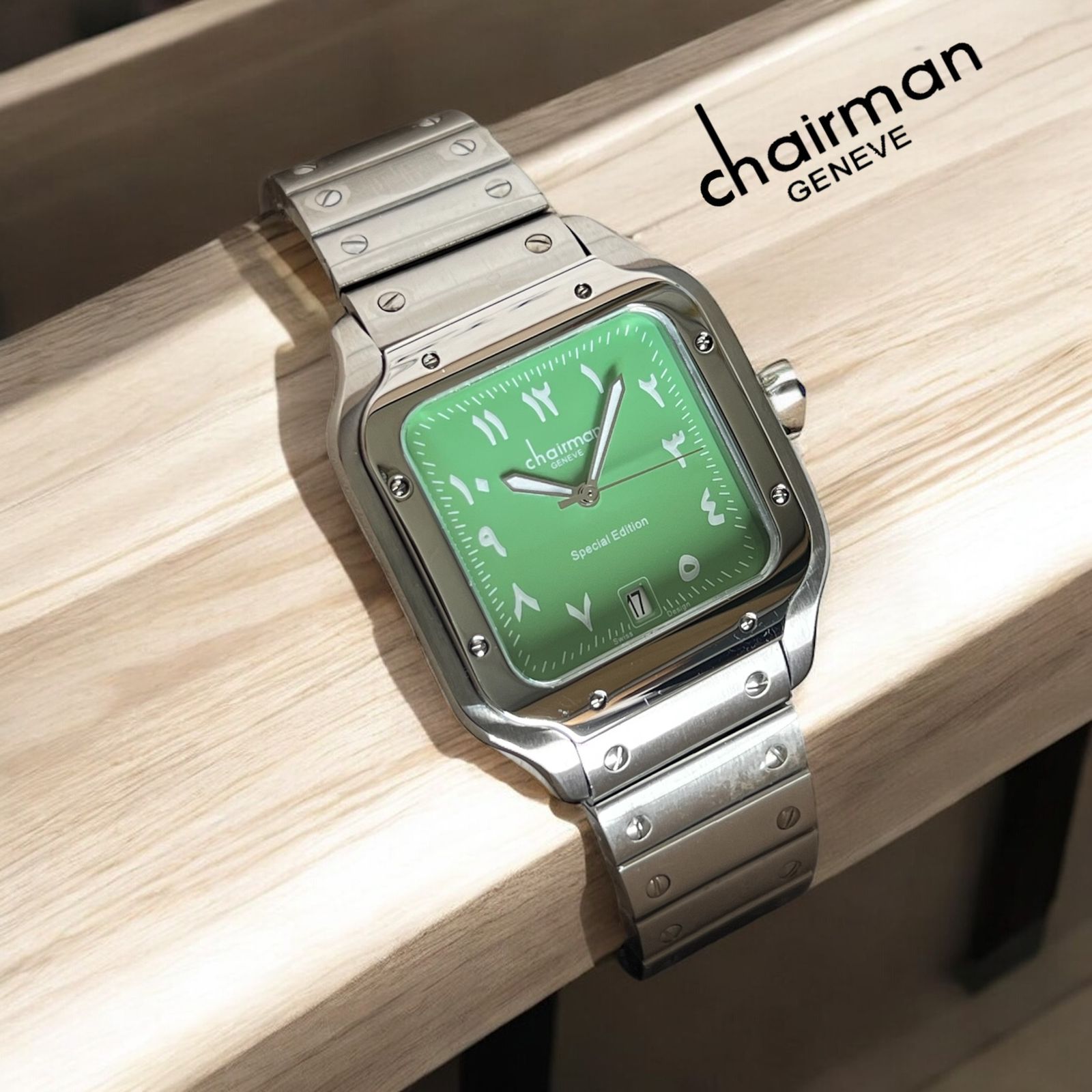 Special Edition Chairman Geneve Arabic Dated Baby Green Dial Silver Chain Gents Watch