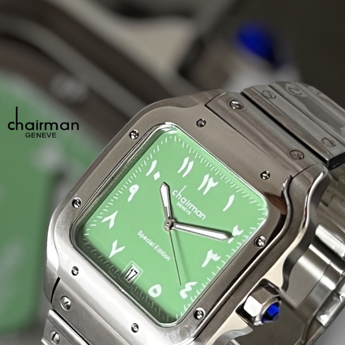 Special Edition Chairman Geneve Arabic Dated Baby Green Dial Silver Chain Gents Watch