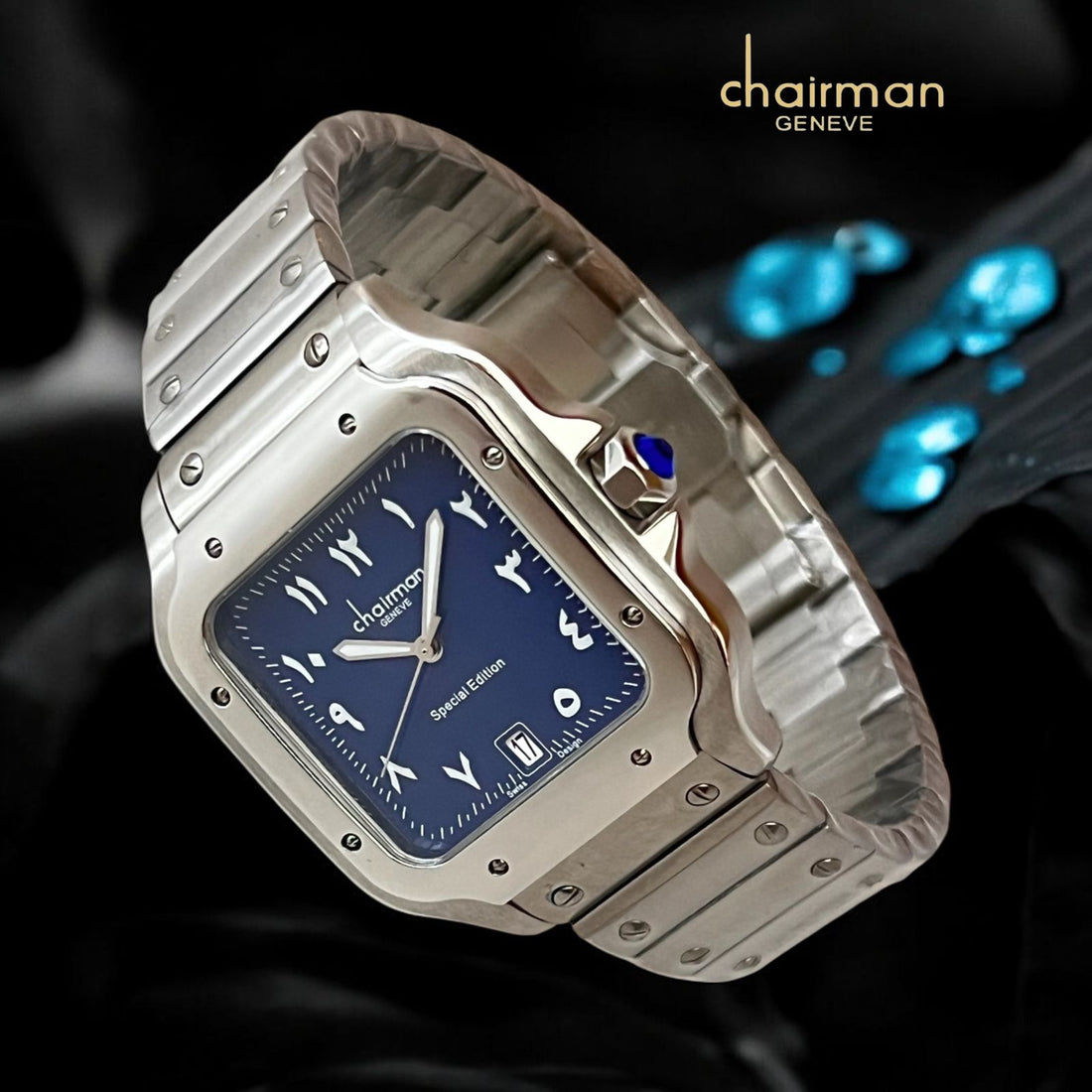 Special Edition Chairman Geneve Arabic Dated Blue Dial Silver Chain Gents Watch