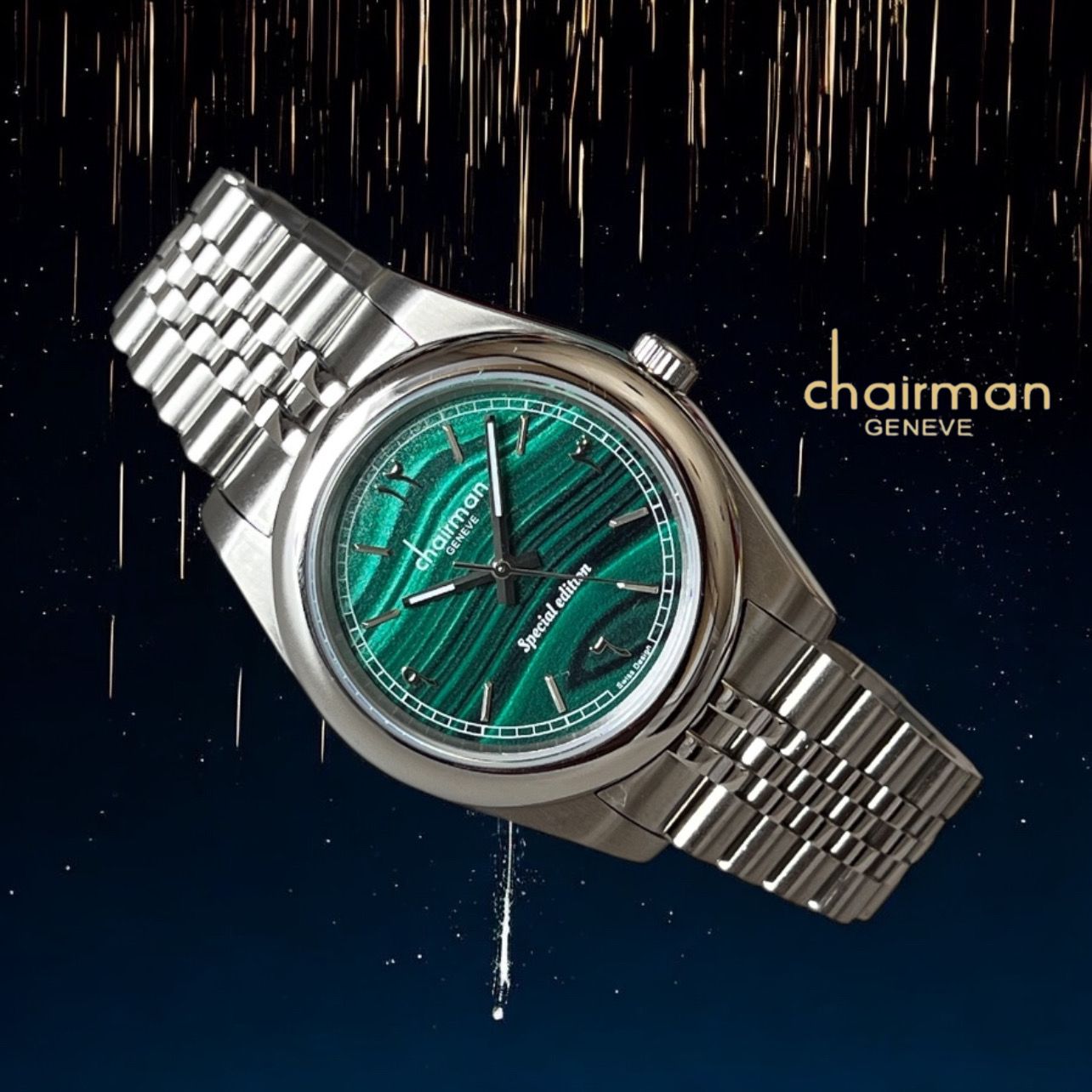 Special Edition Chairman Geneve Arabic Green Dial Silver Chain Gents Watch