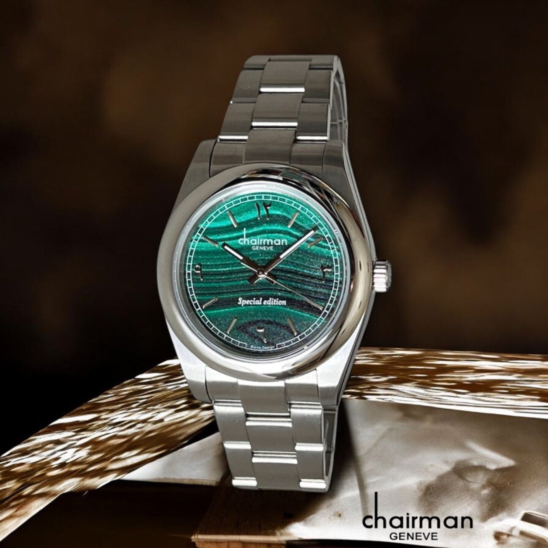 Special Edition Chairman Geneve Arabic Green Dial Silver Chain Gents Watch