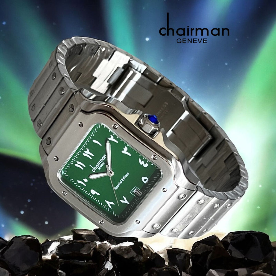Special Edition Chairman Geneve Dated Arabic Green Dial Silver Chain Gents Watch