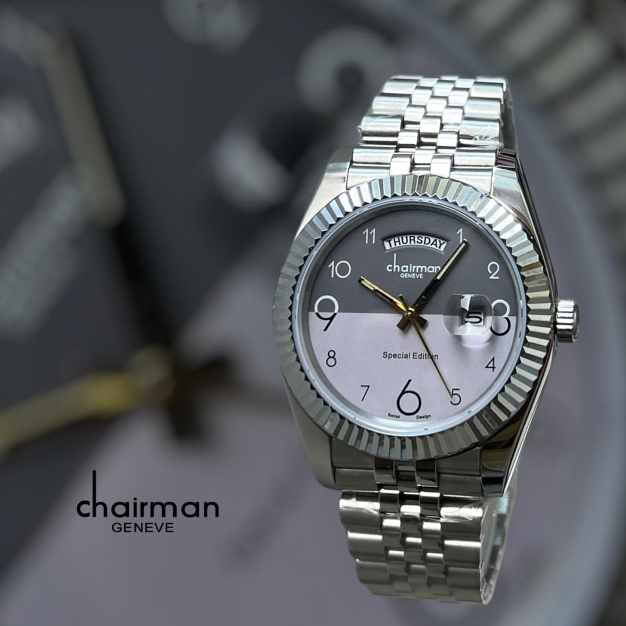Special Edition Chairman Geneve Day And Dated Double Colour Grey Dial Silver Chain Gents Watch