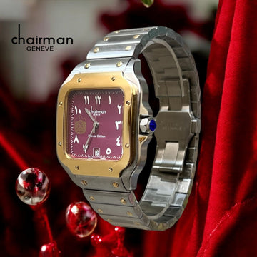 Special Edition Chairman Geneve  Maroon Arabic Dated Dial Silver Gold Chain Gents Watch