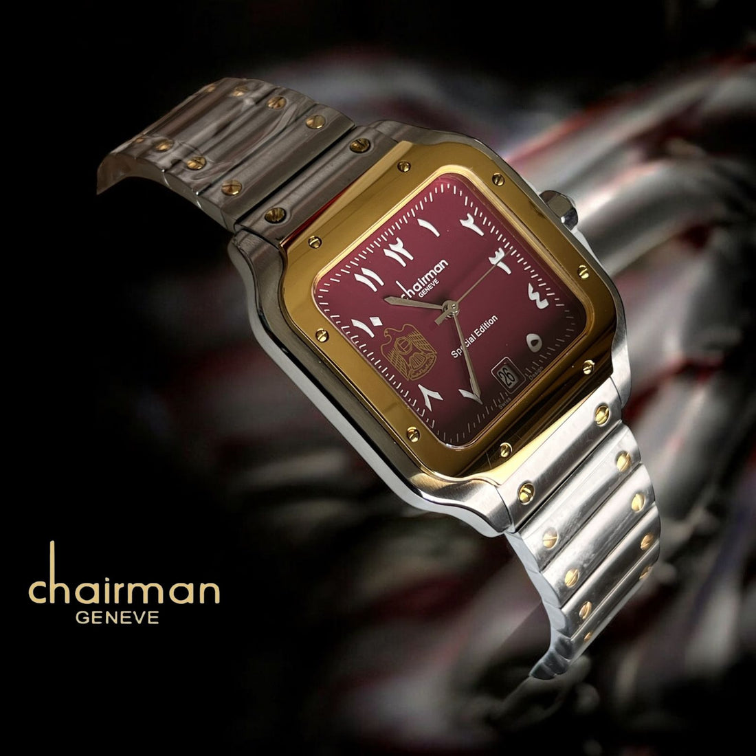 Special Edition Chairman Geneve  Maroon Arabic Dated Dial Silver Gold Chain Gents Watch