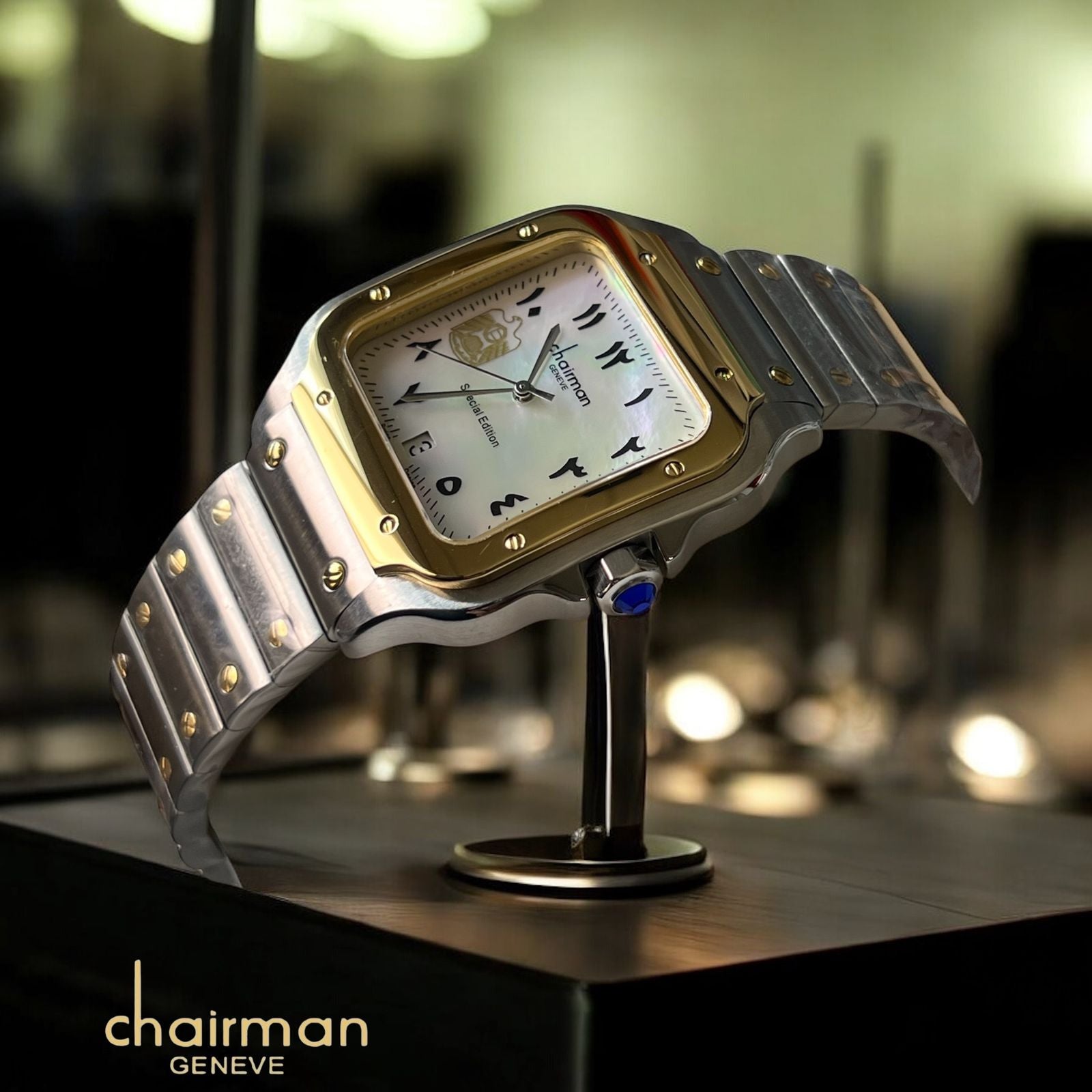 Special Edition Chairman Geneve UAE Emblem Arabic Dated White Dial Silver And Gold Chain Gents Watch