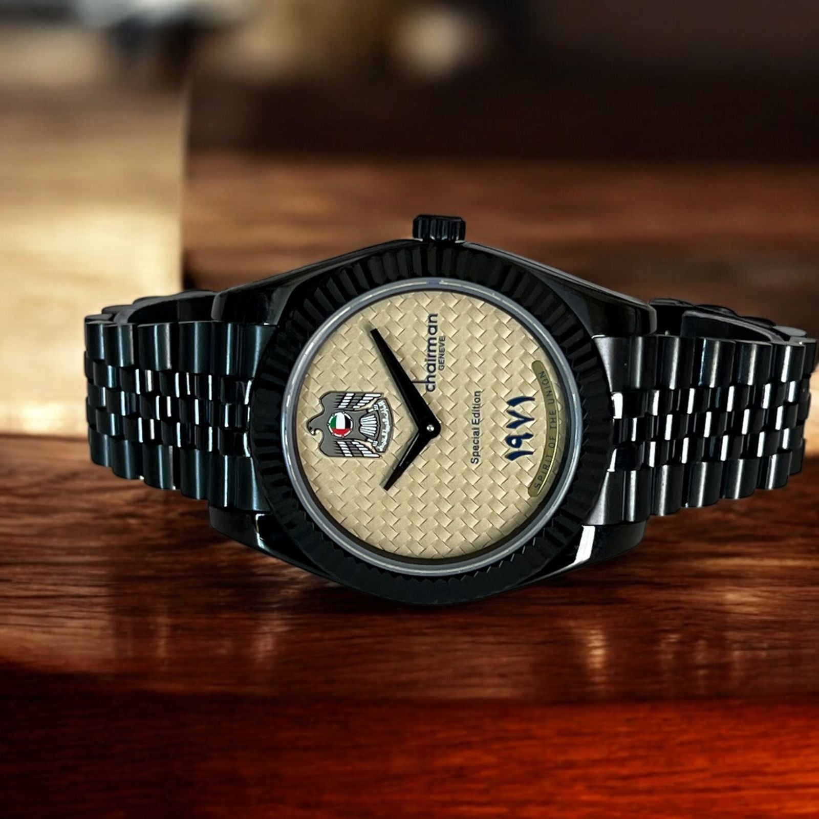 Special Edition Chairman Geneve UAE Emblem Beige Dial Black Chain Gents Watch