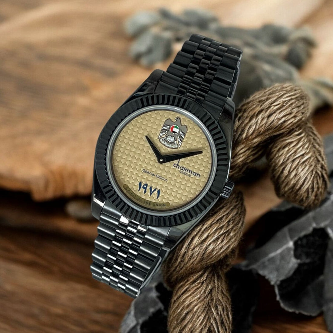 Special Edition Chairman Geneve UAE Emblem Beige Dial Black Chain Gents Watch