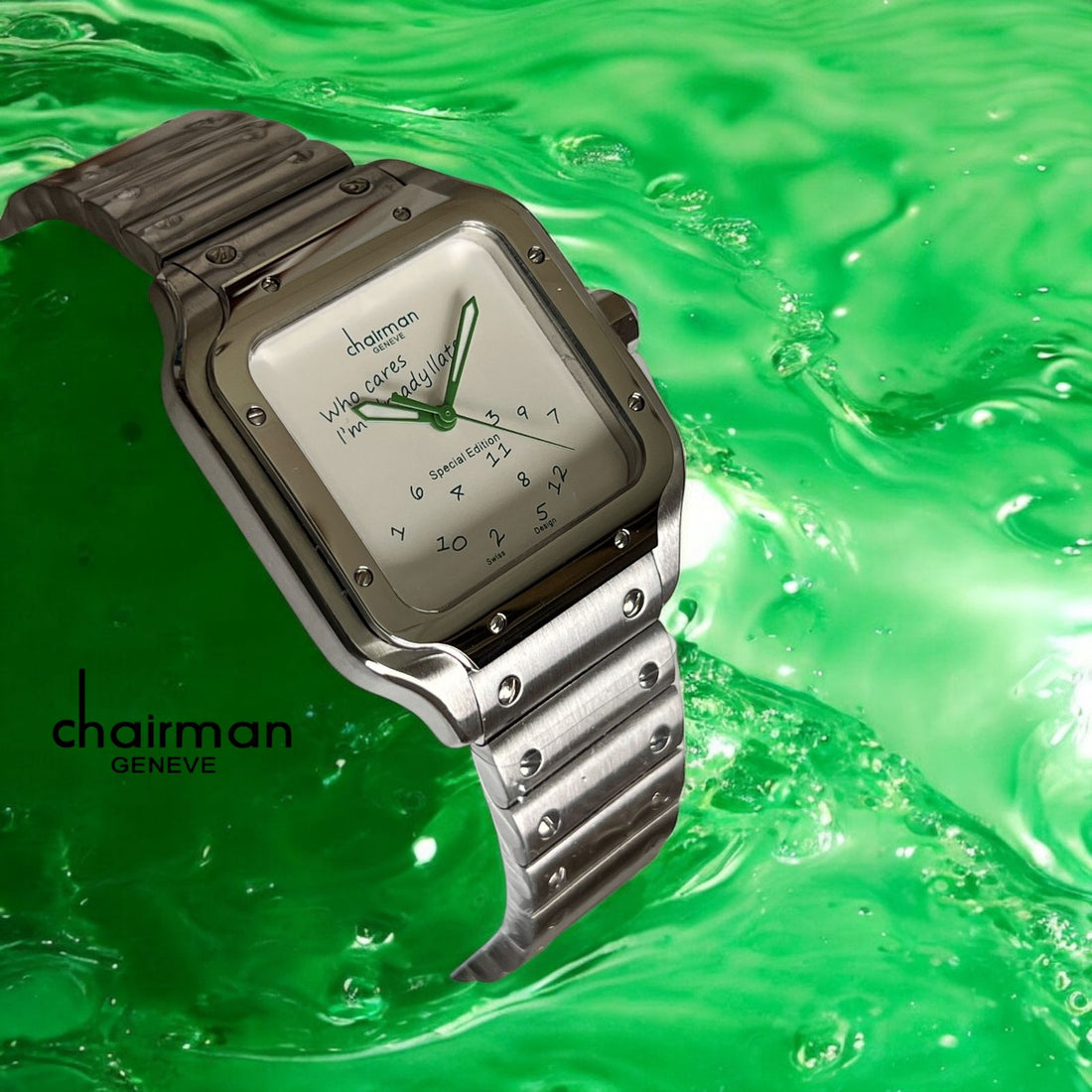 Special Edition Chairman Geneve White Dial Green Letters Silver Chain Gents Watch