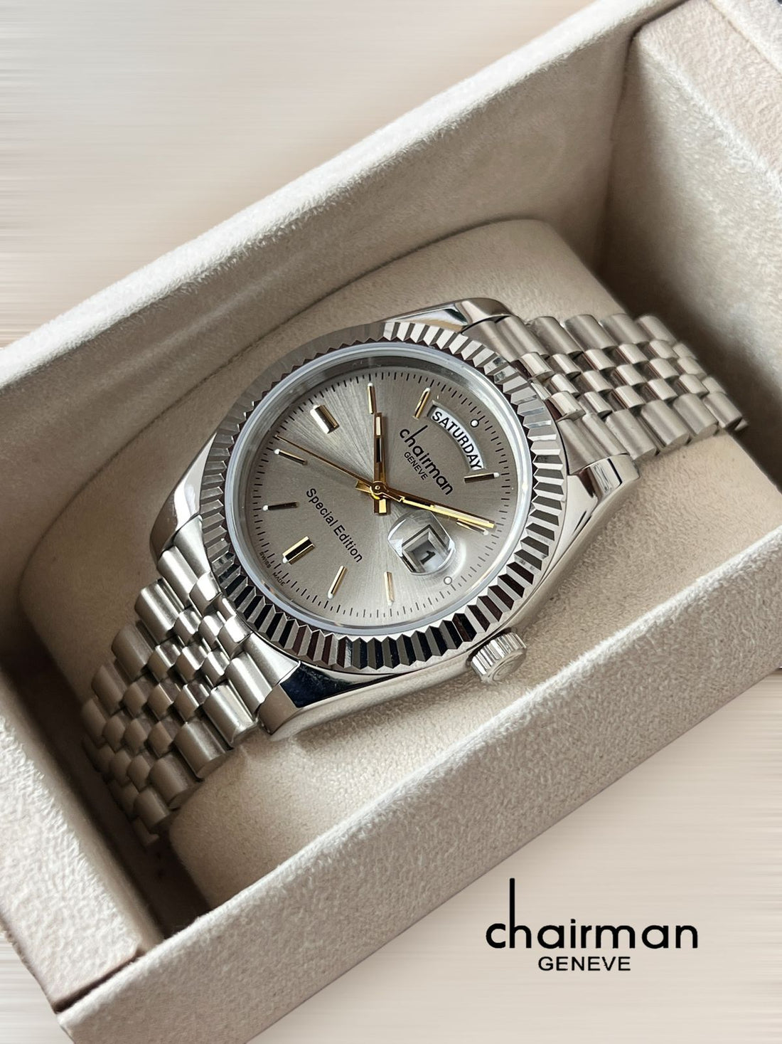 Special Edition Day And Dated Grey Dial Silver Chain Chairman Geneve Gents Watch