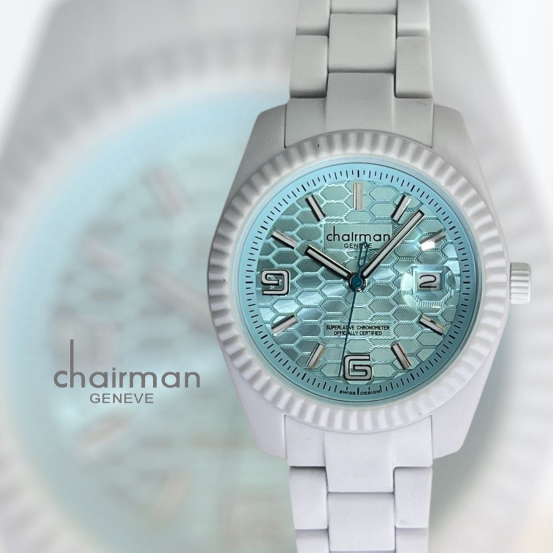 Superlative Chronometer Chairman Geneve Baby Blue Dated Dial White Gents Watch