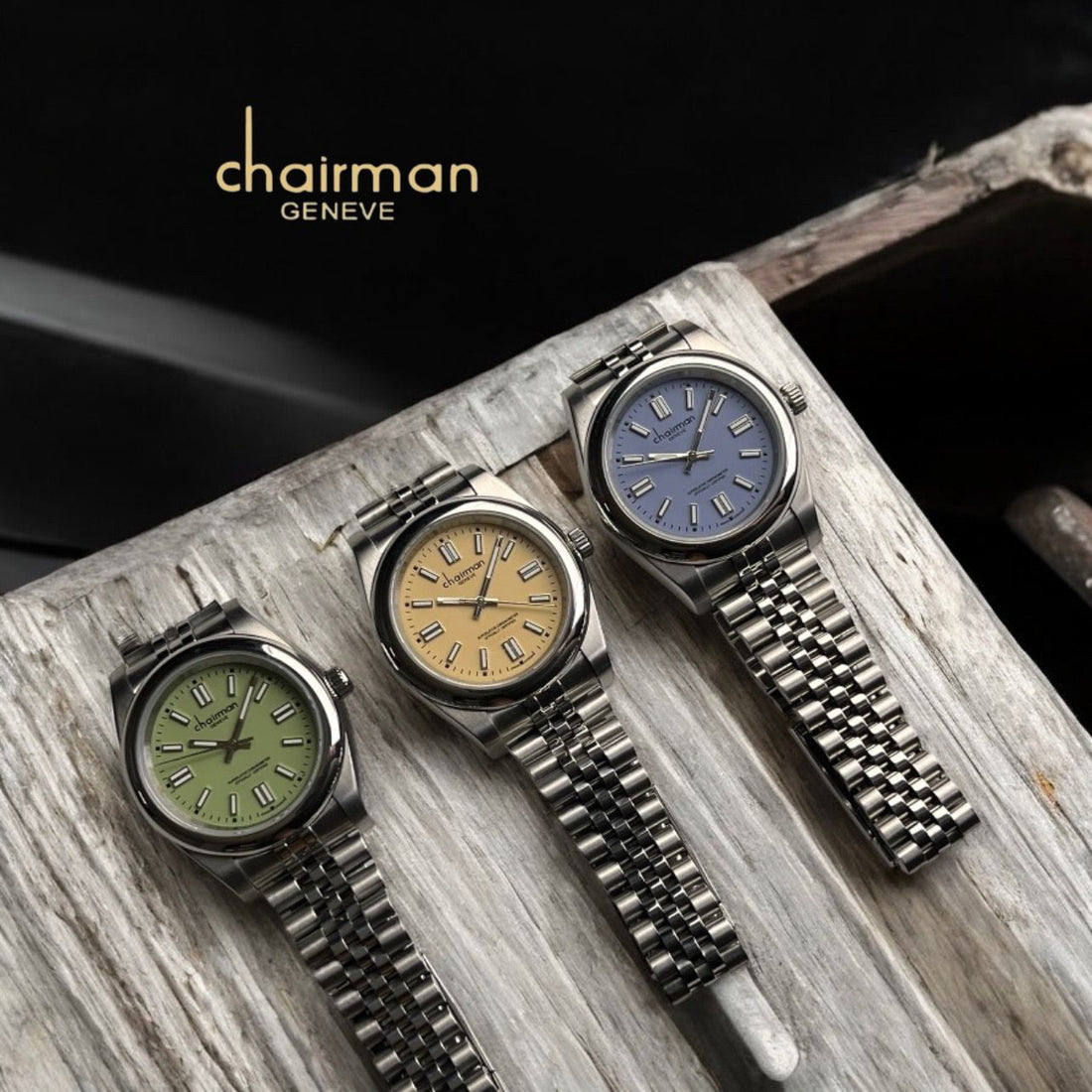 Superlative Chronometer Chairman Geneve Cream Blue Green Color Dial Silver Chain Gents Three Watches