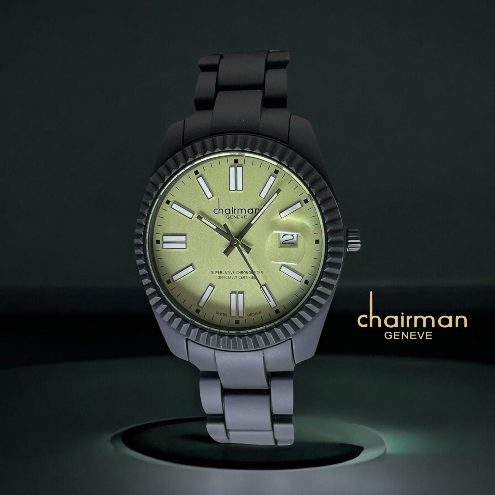 Superlative Chronometer Chairman Geneve Dated Baby Green Dial Black Chain Gents Watch