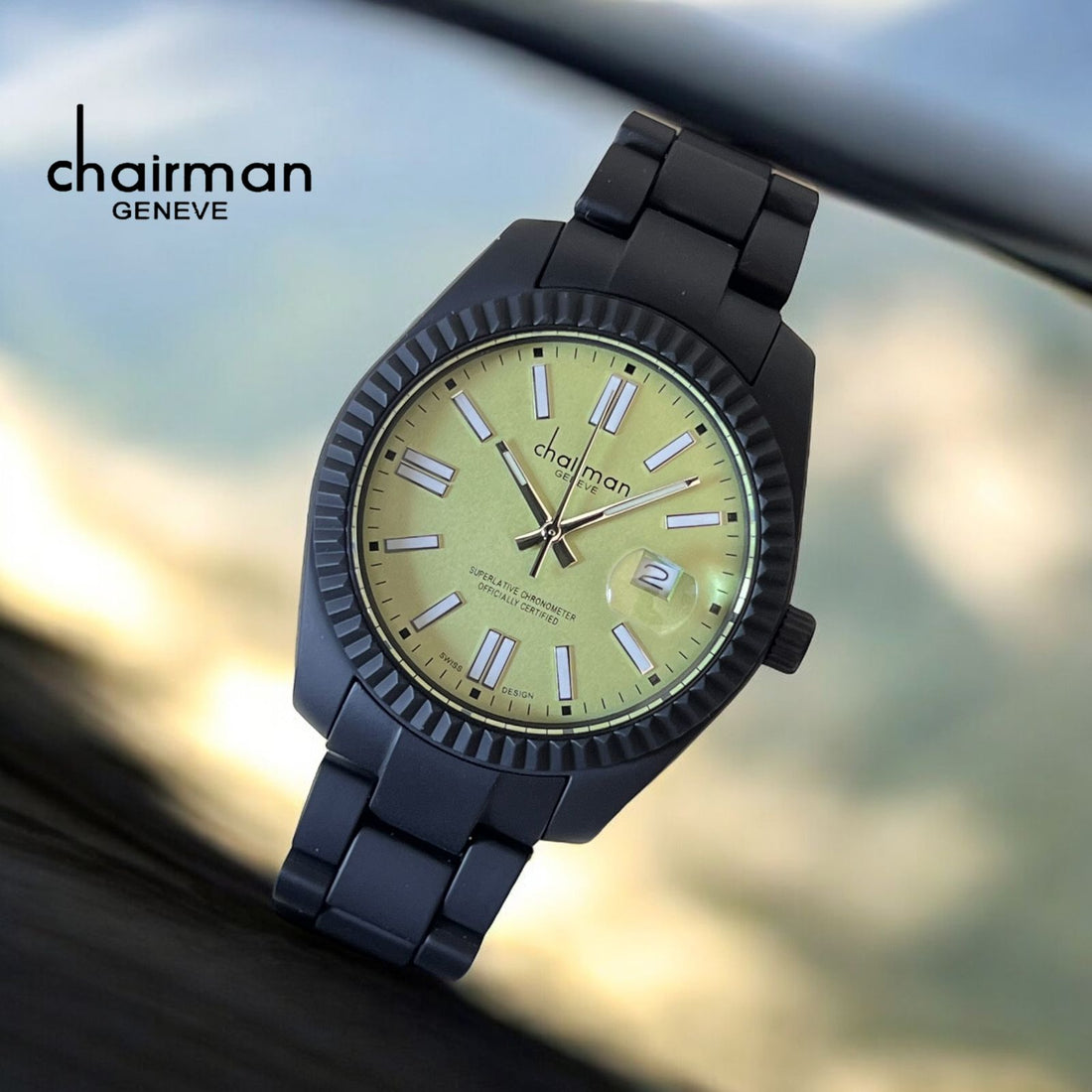 Superlative Chronometer Chairman Geneve Dated Baby Green Dial Black Chain Gents Watch