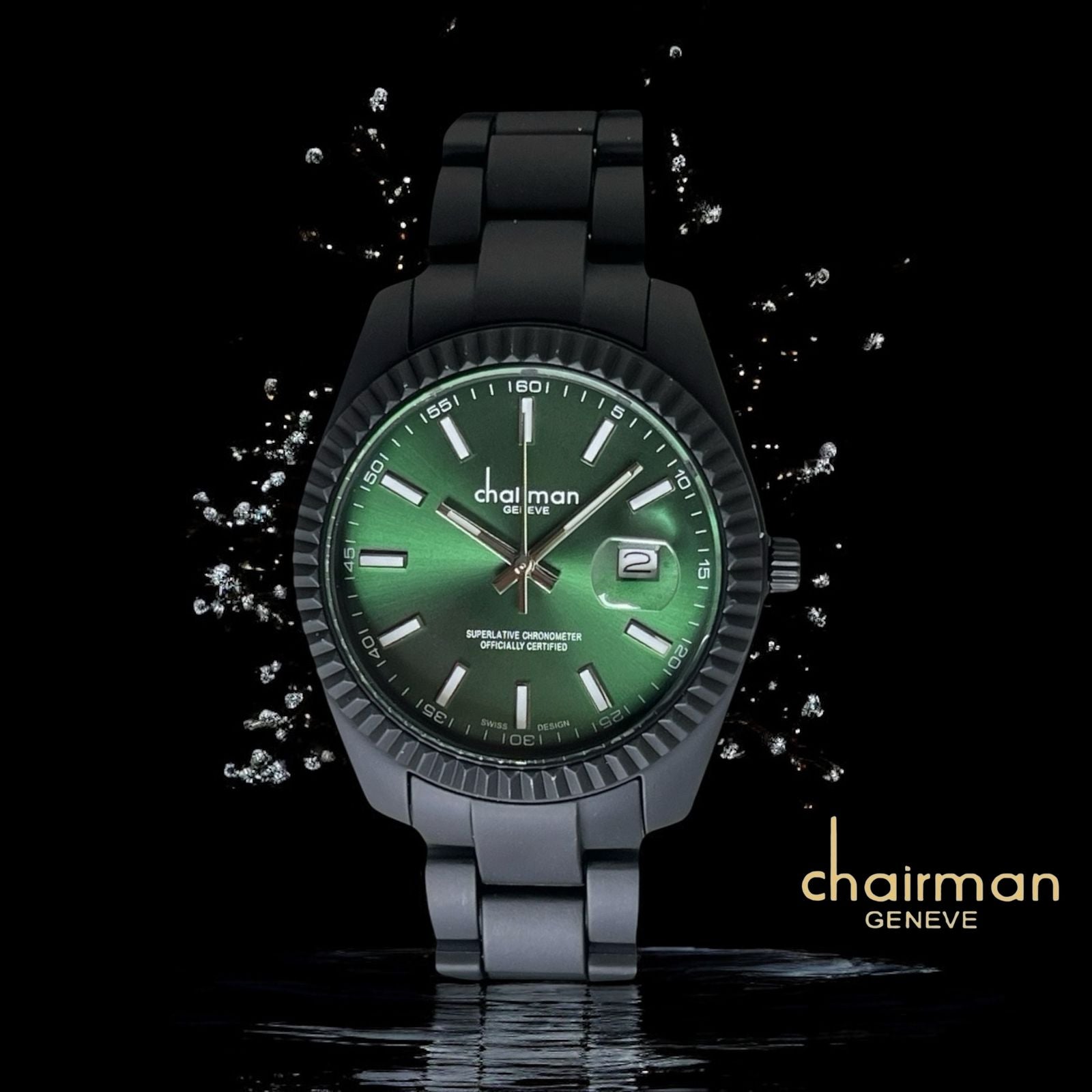 Superlative Chronometer Chairman Geneve Dated Green Dial Black Chain Gents Watch