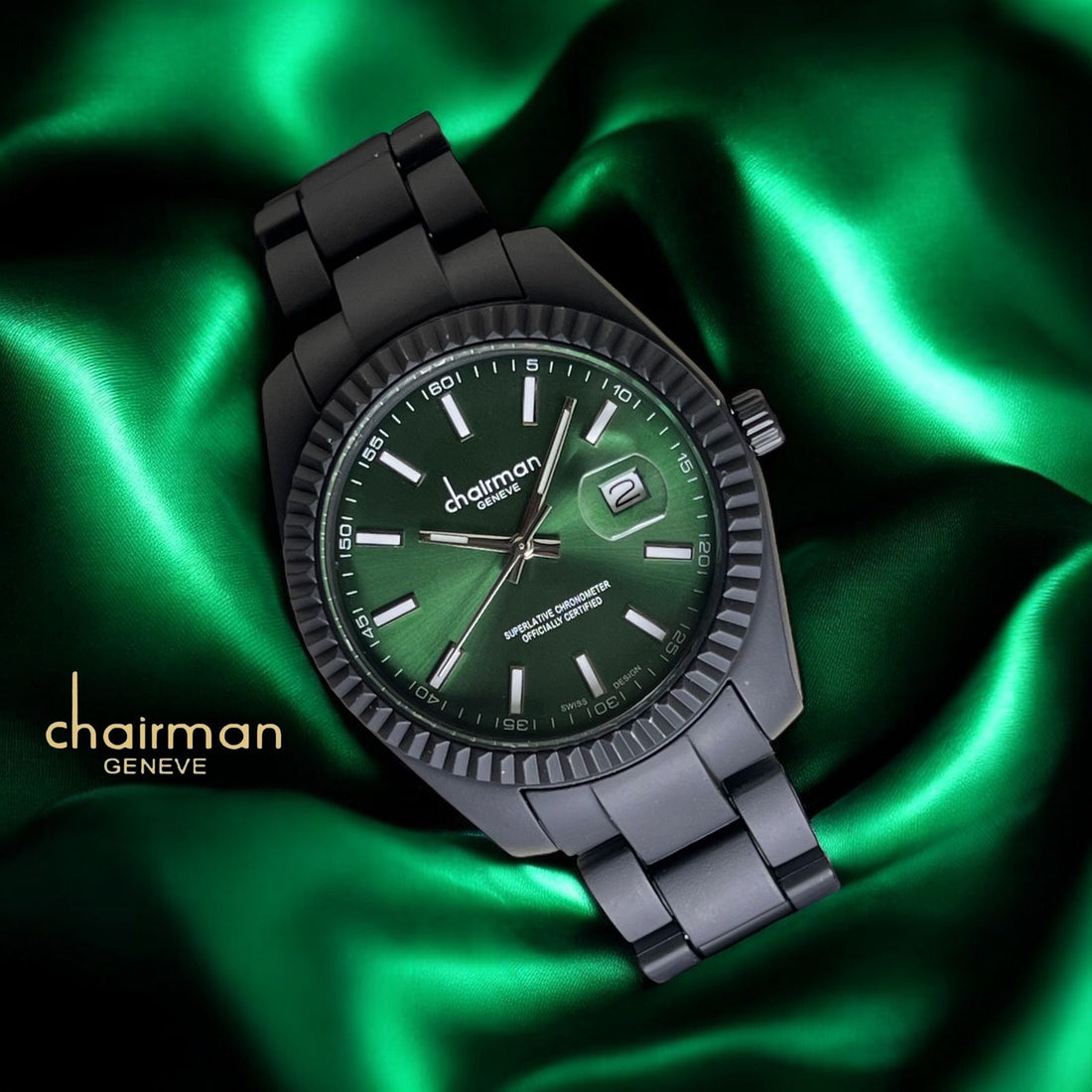 Superlative Chronometer Chairman Geneve Dated Green Dial Black Chain Gents Watch
